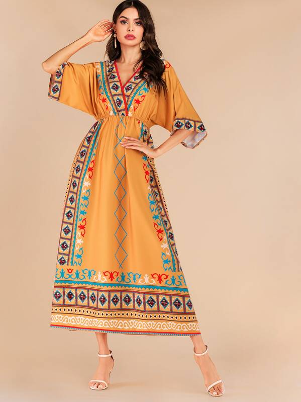 فستان ماكسي بخصر مطاطي واكمام كيمونو | شي ان