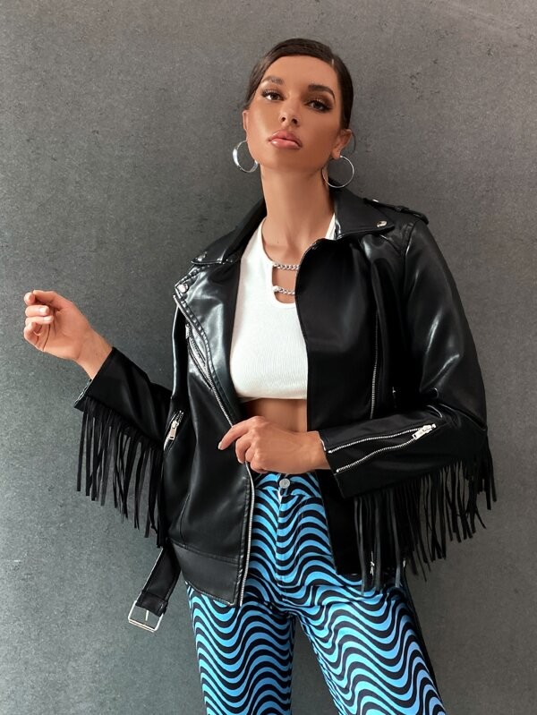 جاكيت موتو من جلد البولي يوريثان بحواف أمامية بسحاب أمامي | شي ان