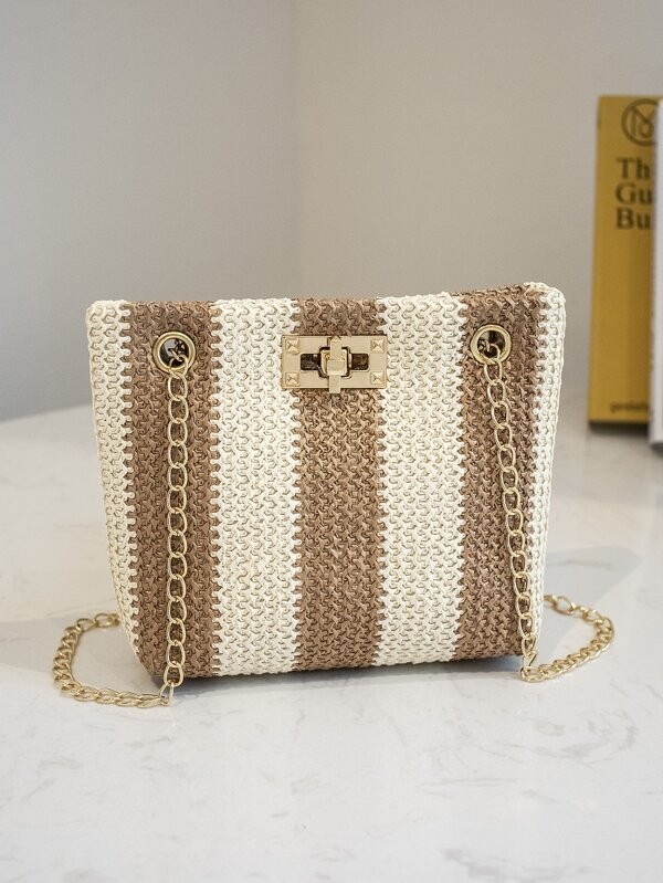 Striped Chain Straw Bag | SHEIN