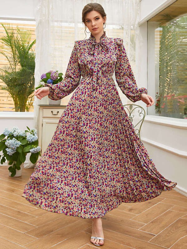 فستان مورد بأكمام طويلة وربطة عنق | شي ان