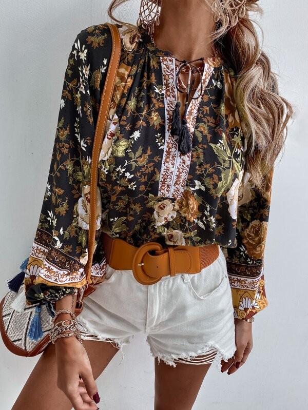 بلوزة ملونة  طويلة بربطة عنق | شي ان