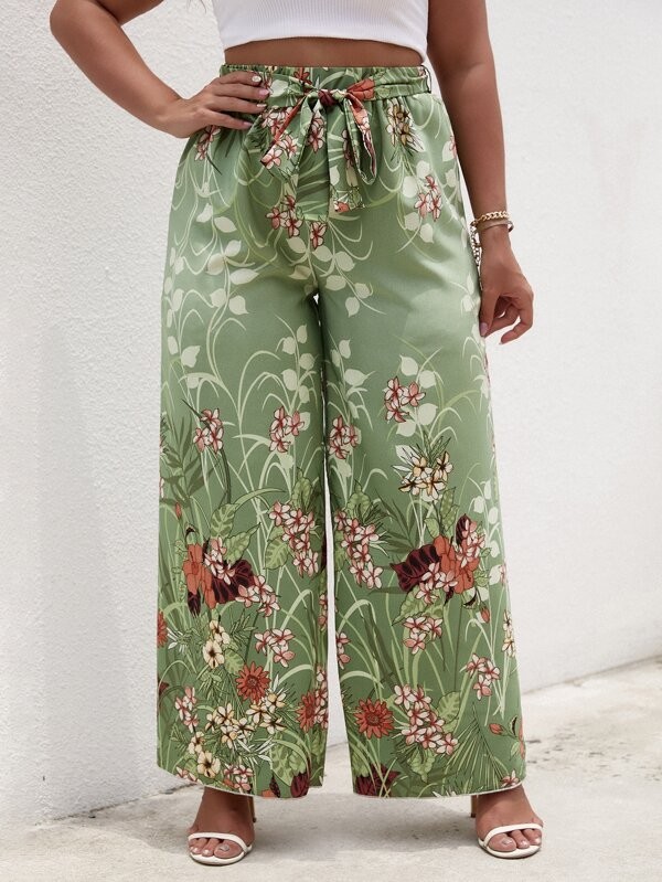 بنطلون بقصة أرجل واسعة وطبعة زهور وحزام | شي ان