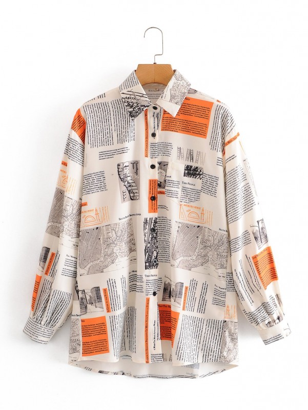 بلوزة بازرار امامية وبطباعة جريدة | شي ان