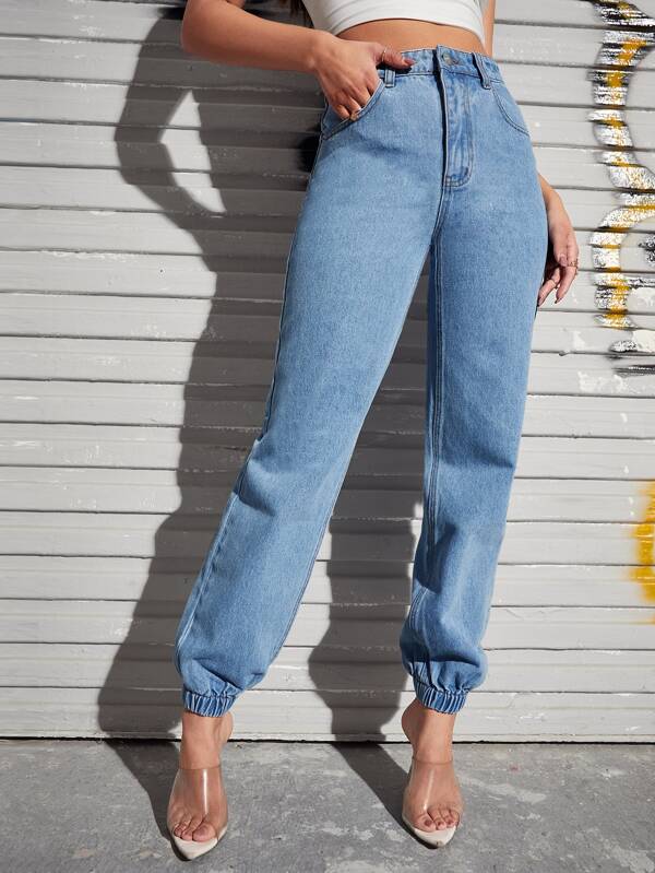 بنطلون جينز بجيب مائل وخصر مرتفع | شي ان