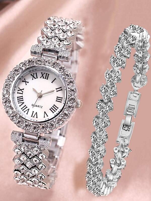 ساعة موشر دائري مزخرف بحجر الراين مع قطعة سوار واحدة | شي ان