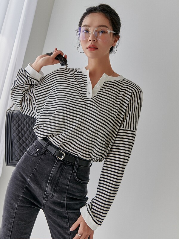 تي شيرت DAZY مخطط بنصف زر | شي ان