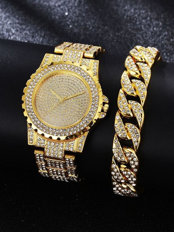 ساعة ذات مؤشر دائري مع زخرفة حجر الراين وسوار واحد | شي ان