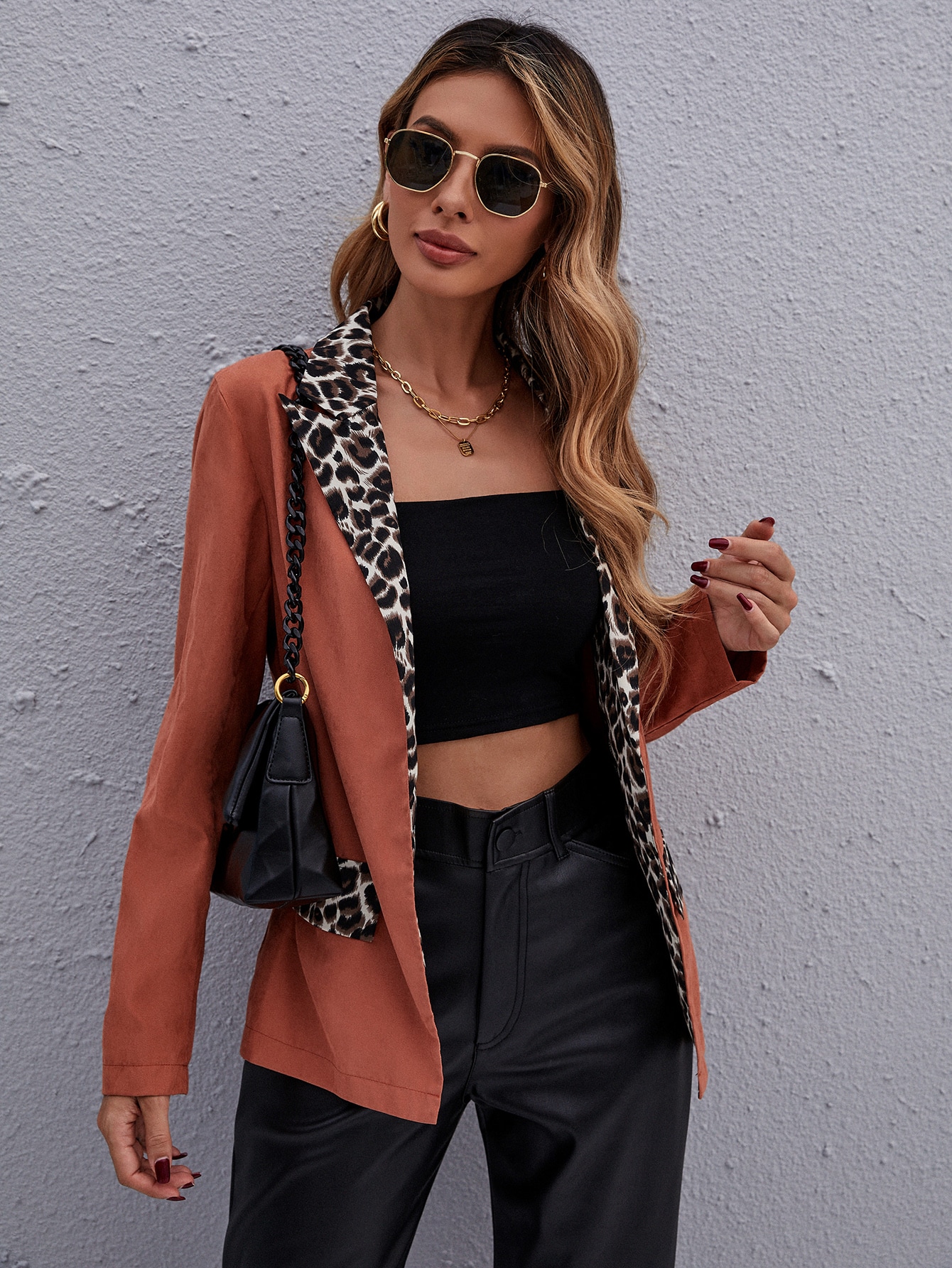 جاكيت بليزر مفتوح من الأمام بطبعة جلد الفهد | شي ان