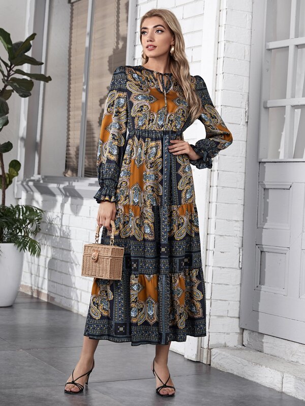 فستان ملون بأكمام طويلة وربطة عنق | شي ان