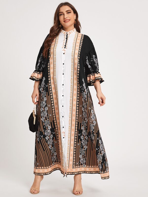 فستان بأكمام ولياقة دائرية وأزرار أمامية مقاس كبير | شي ان