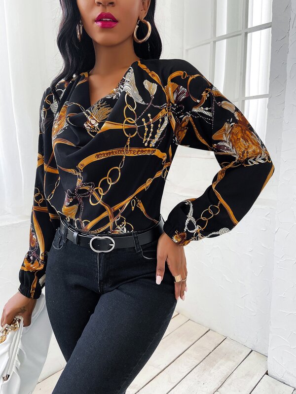 بلوزة ملونة بطباعة سلسلة ولياقة دائرية | شي ان