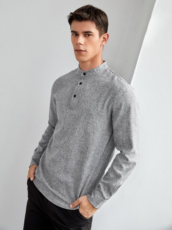 قميص رجالي بازرارأمامية ولون موحد | شي ان