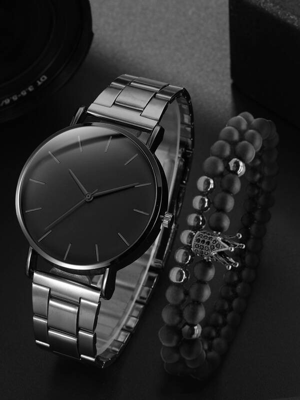 ساعة كوارتز دائرية للرجال مع قطعتين سوار | شي ان