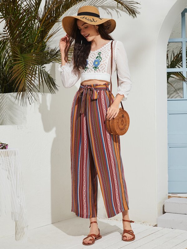 بنطلون ملون بحزام بطبعة خطوط هندسية وشريطية | شي ان